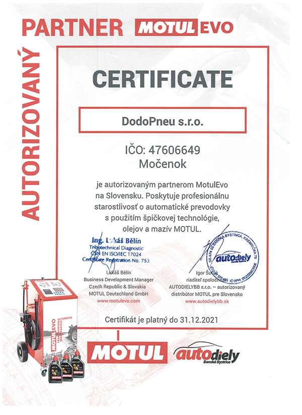 MotulEvo certifikát DODO PNEU