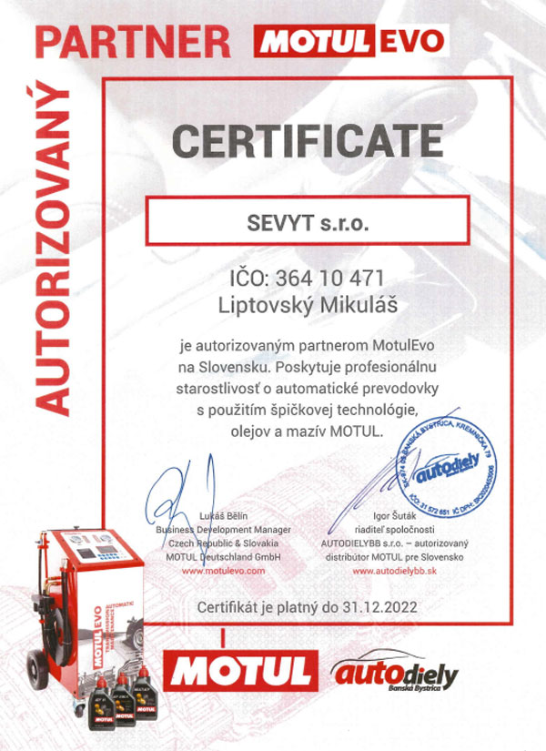 MotulEvo certifikát SEVYT
